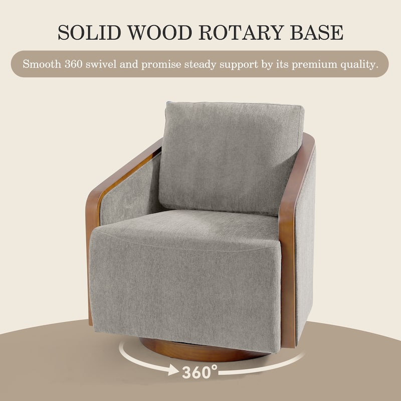 Upholstered Swivel Barrel Chair with Curved Wood Arms