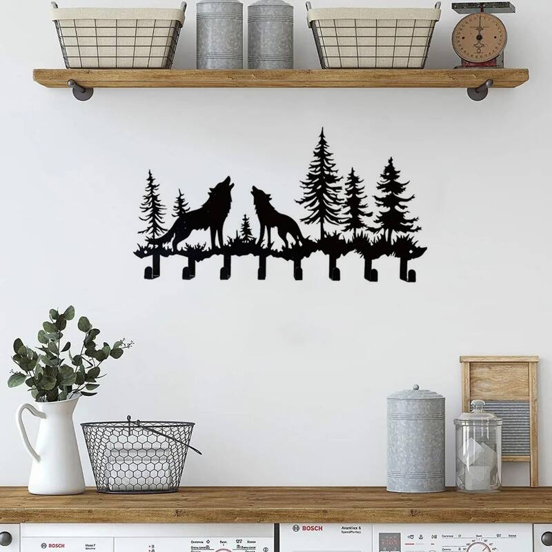 Rustic Wolf Wall-Mounted Metal Organizer Hooks For Keys Hats Bags