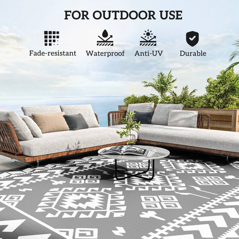 Reversible Outdoor Rug with Carry Bag Large Picnic Blanket for Camping, RV Trips, Beach - 143.7" L x 107.9" W