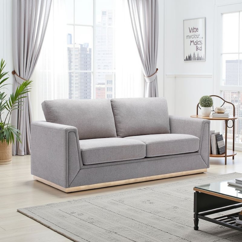 Sylvie Sofa, Gray Linen, Gold Metal, Modern Square Cushions 77 Inch