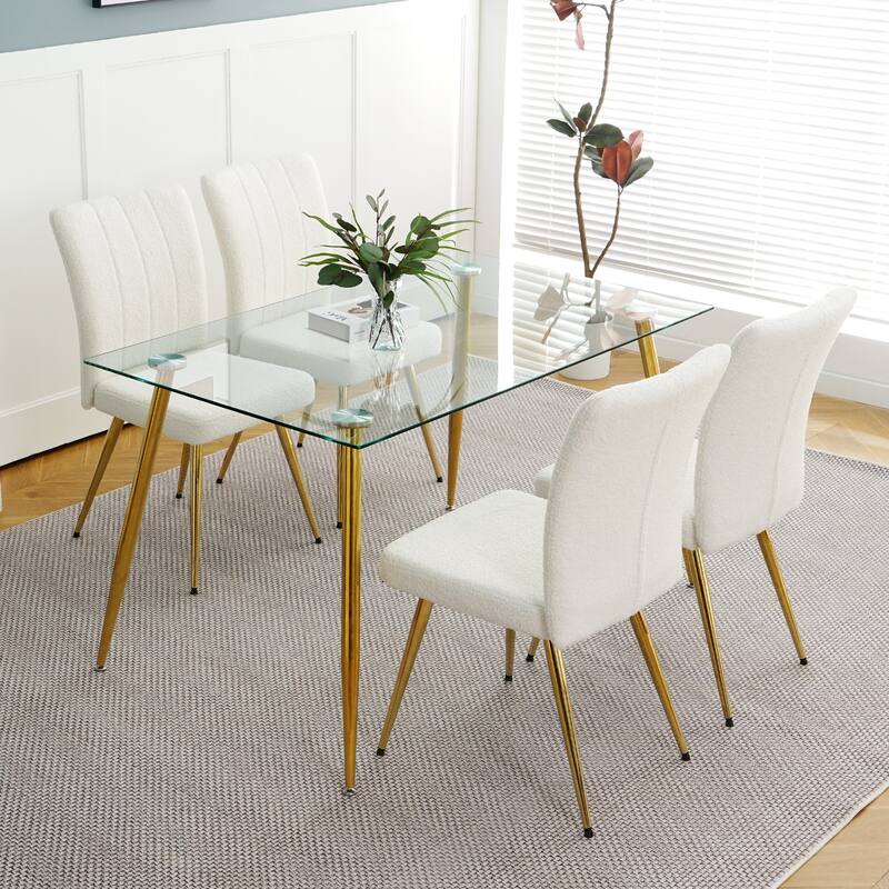 Modern Black Teddy Wool Dining Chairs Set of 4, Upholstered Chair with Fabric Accent Side Chair, Side Chair with Gold Metal Legs
