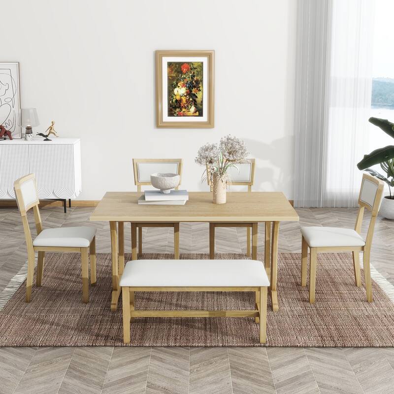 Farmhouse 6Piece Trestle Dining Table Set with Upholstered Dining