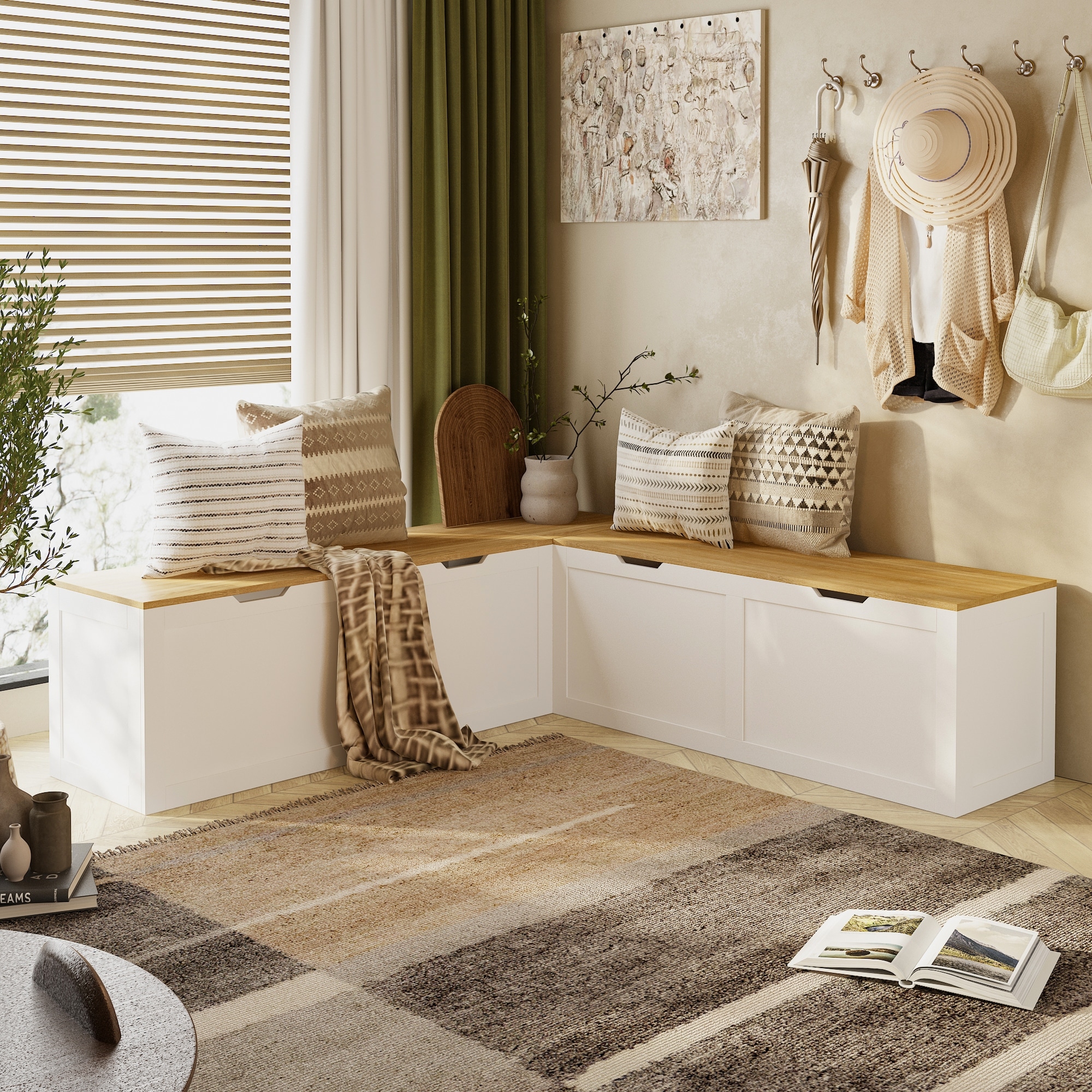 Corner Entryway Bench w/Hidden Storage White Oak Finish Shoe Cabinet