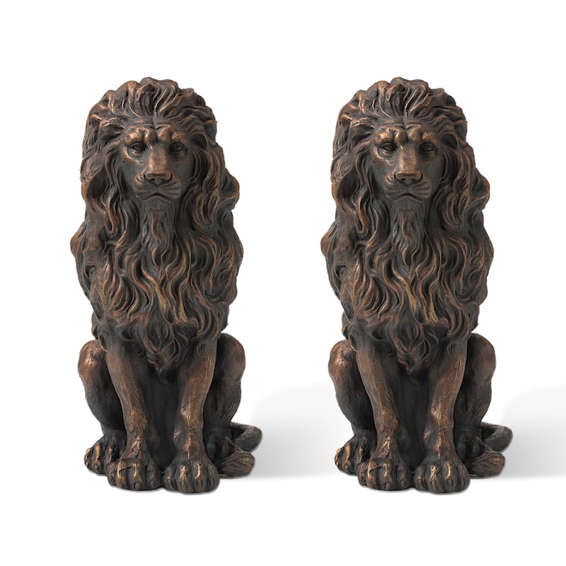 Glitzhome Set of 2 MGO Majestic Sitting Guardian Lion Statues Porch Sculpture Outdoor Indoor - 21" H Bronze