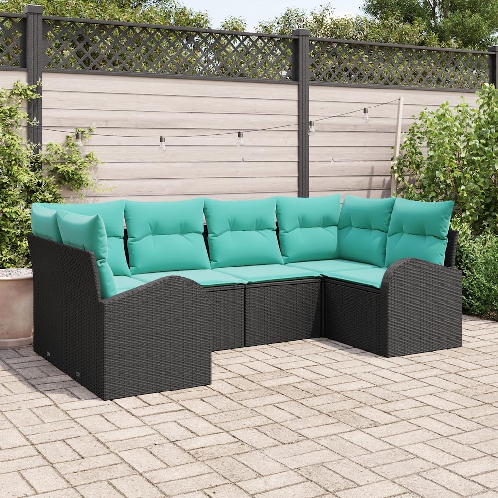 vidaXL 6 Garden Sofa Set with Cushions Black Poly Rattan - 92.1 x 48.8 x 27.2