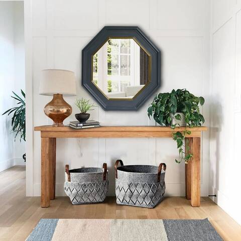 32 Inch Octagonal Shape Wooden Floating Frame Flat Wall Mirror Gray Saltoro Sherpi