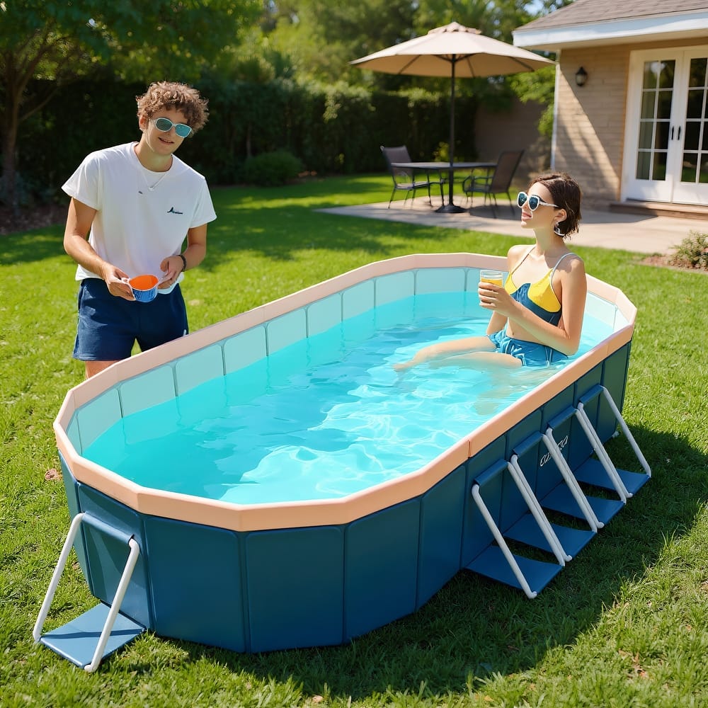 Non-Inflatable Foldable Swimming Pool w/Durable PVC, Deep Blue Oval Folding Swimming Pool for Outdoor, Backyard, Garden, Camping