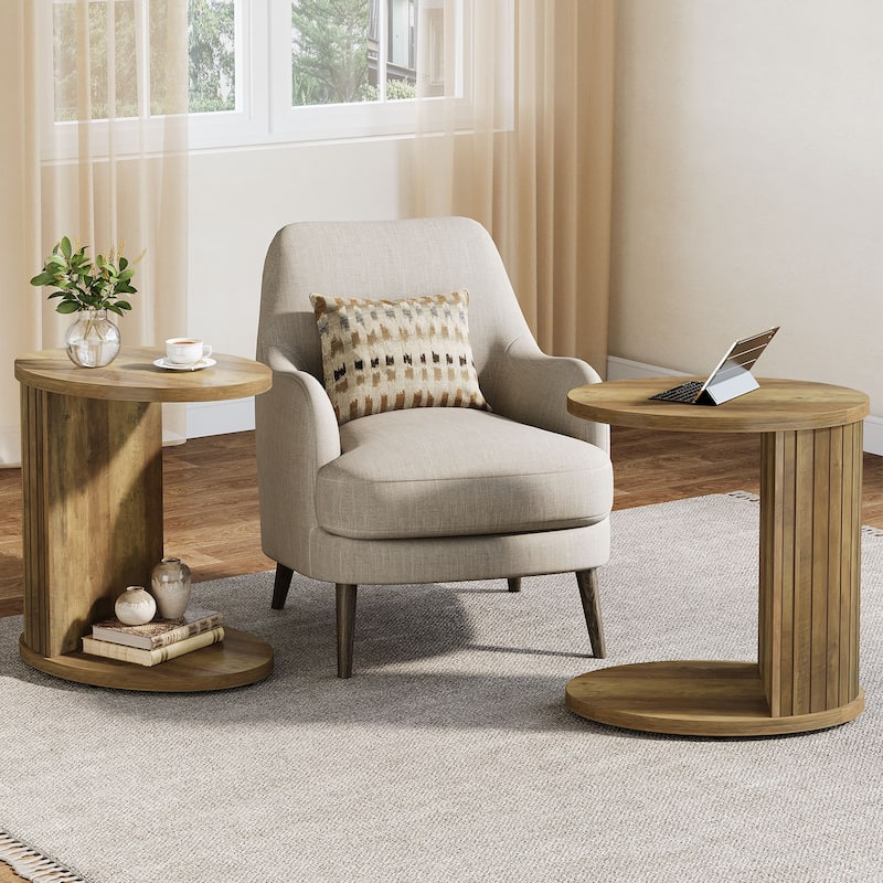 C-Shaped End Table for Couch, Fluted Sofa Side Table with Storage Shelf