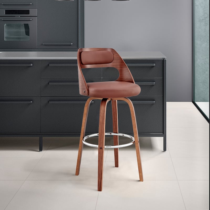 Julius Mid-Century Swivel Faux Leather and Wood Counter or Bar Stool