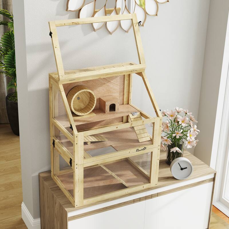 PawHut Wooden Hamster Cage, 3 Tier Small Animal Cage with Detachable 12.6" Deep Bottom, Hut, Seesaw, Exercise Wheel, Ramps