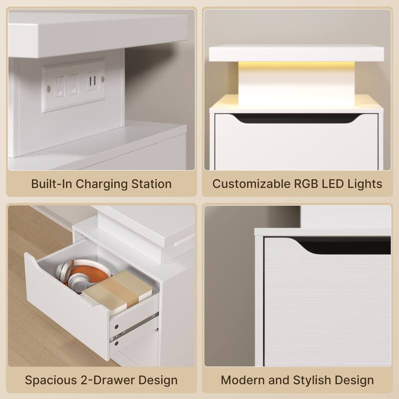Modern Wood Nightstand with Charging Station, 2 Drawers, Bedside Table with LED Lights