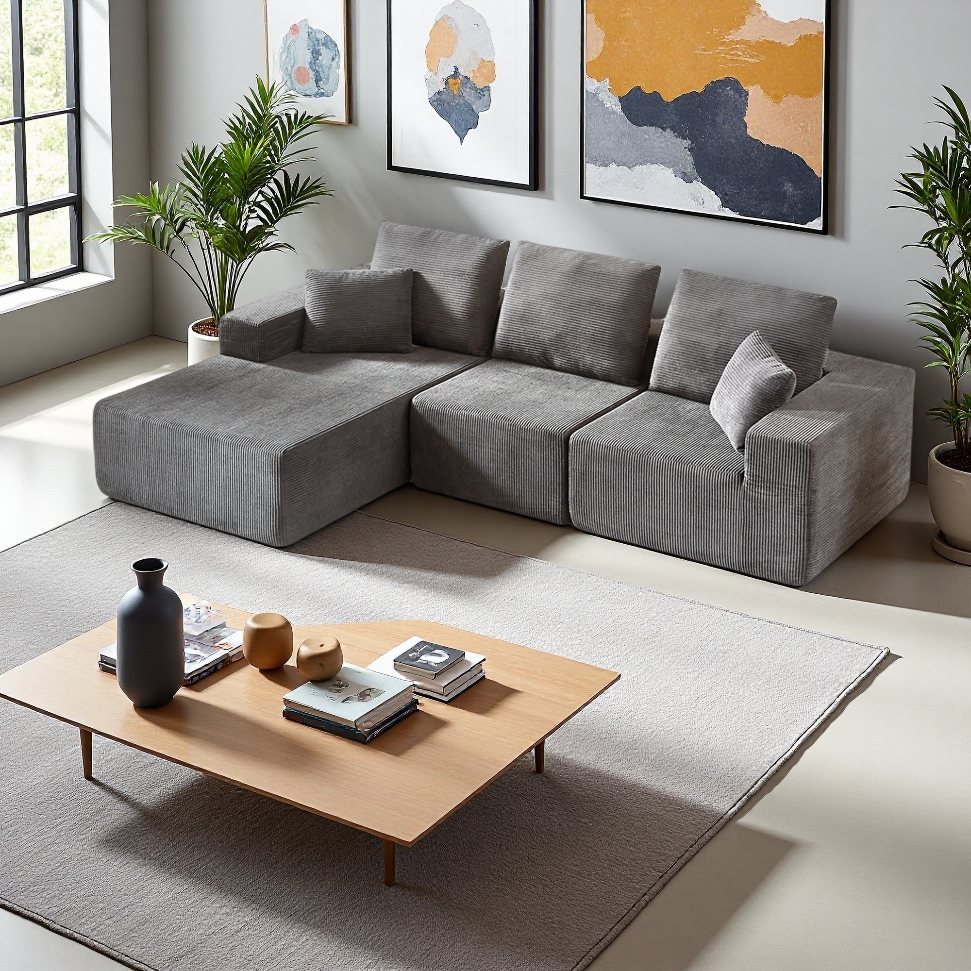 108" Corduroy L-Shaped Sectional Sofa with Chaise, No Assembly