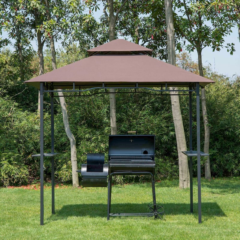 Coffee-Black Steel Polyester Grill Gazebo with Double-Layer Canopy - 96.5" L x 58.3" W x 99.2" H - Coffee-Black
