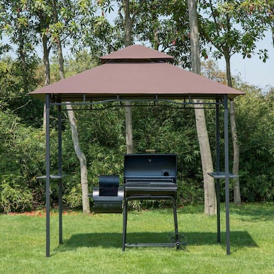 Coffee-Black Steel Polyester Grill Gazebo with Double-Layer Canopy - 96.5" L x 58.3" W x 99.2" H