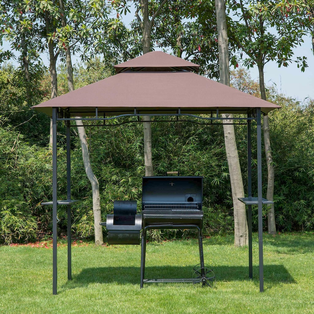 Coffee-Black Steel Polyester Grill Gazebo with Double-Layer Canopy - 96.5" L x 58.3" W x 99.2" H