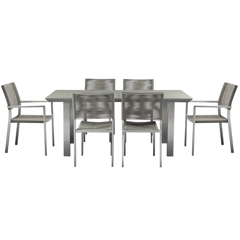 Kylo 7 Piece Dining Table Set, Aluminum, Gray Rope Weave Backrest and Seat