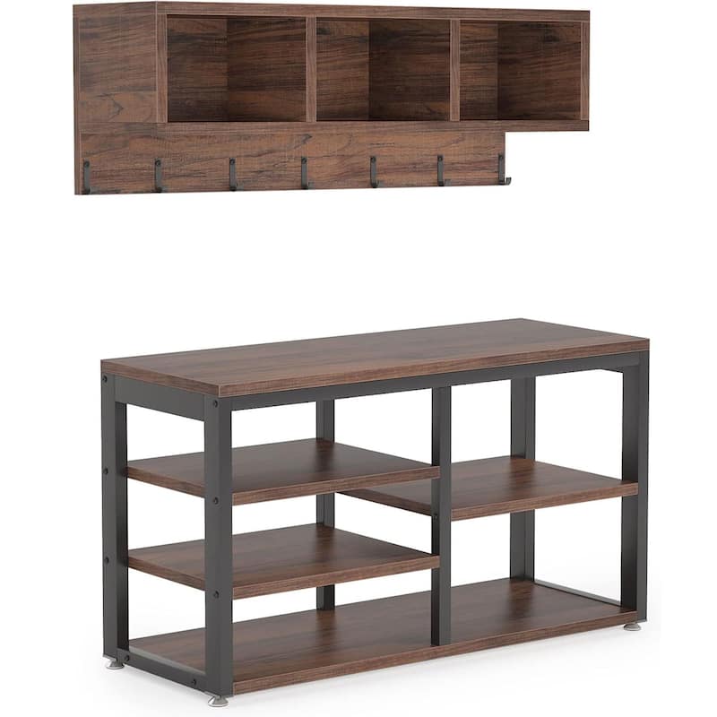 Modern Shoe Bench and Wall-Mounted Coat Rack Set foe Entryway