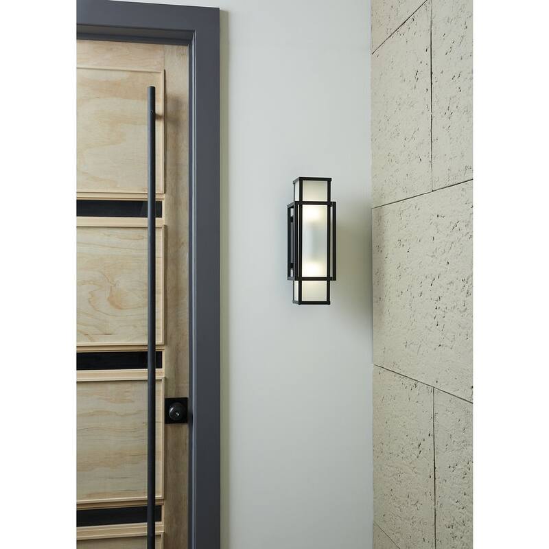 Unison Collection Two-Light Matte Black Etched Seeded Glass Contemporary Wall Lantern - 6 in x 7.62 in x 18 in