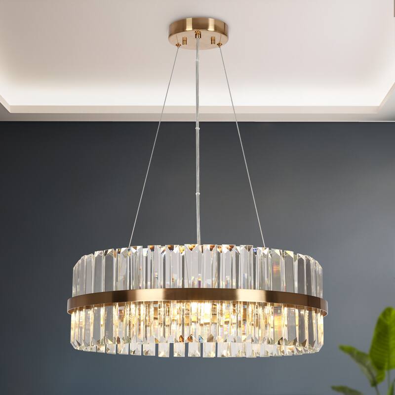 Modern Gold 6-Light Drum Crystal Chandelier Luxury Lights for Dining Room - D 23.6" x H 7.9"