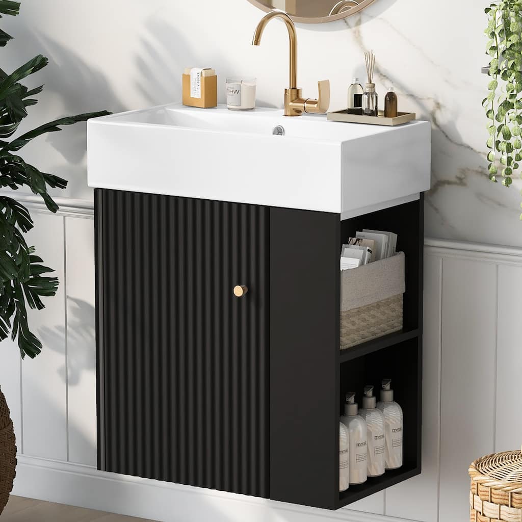 Roomfitters Modern 21.6" Floating Bathroom Vanity with Ceramic Sink, Soft-Close Door and Open Side Storage