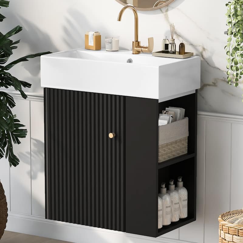 Wall-Mounted Bathroom Vanity Small Space Floating Cabinet with Sink, Wave-Patterned Door, Metal Handle and Right Side Storage - Black
