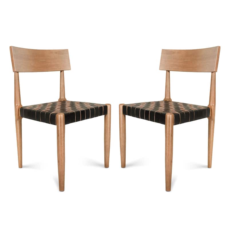 Genuine Leather Woven Straps Solid Back Side Chair (Set of 2) - Black