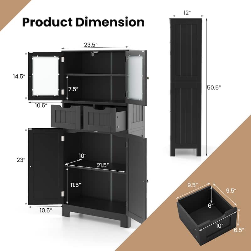 Floor Storage Cabinet with Glass Doors for Bathroom Kitchen or Entryway - 23.5" x 12" x 50.5"