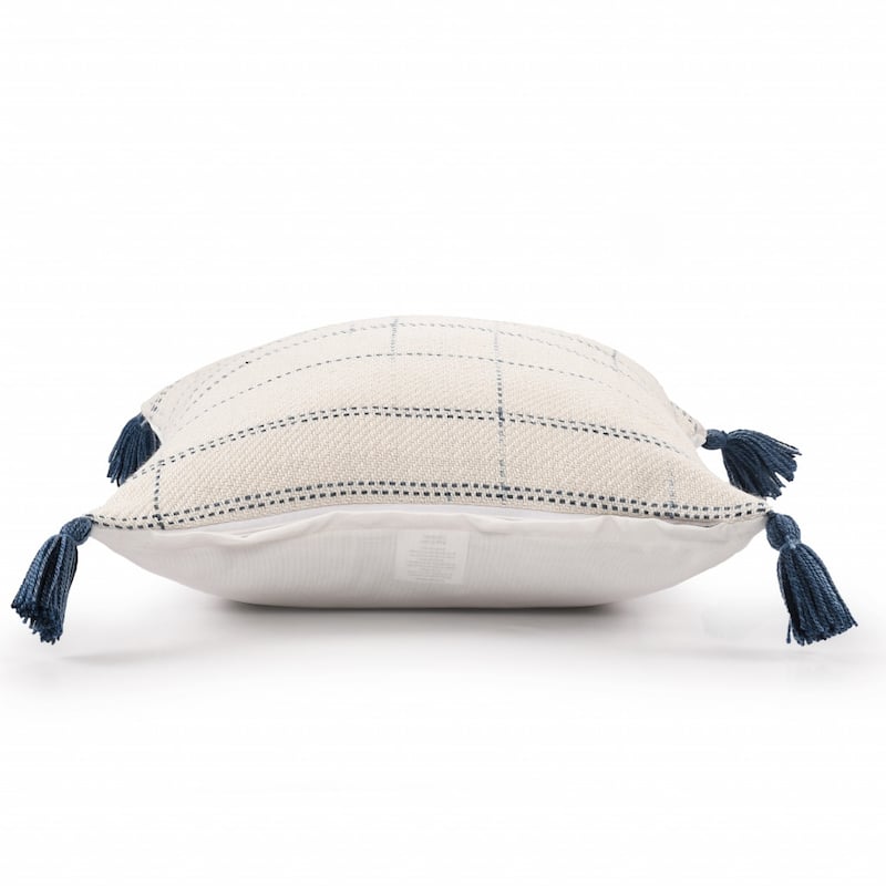 20" Ivory and Blue Throw Pillow