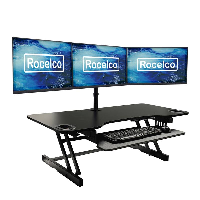 Rocelco 45 in. W Black Height Adjustable Standing Desk Converter with Triple Monitor Mount and Deep Keyboard Tray