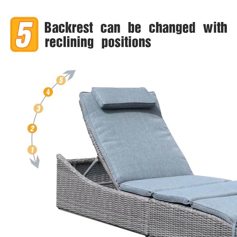 2 Pieces Wicker Cushioned Chaise Lounge Adjustable Recliner