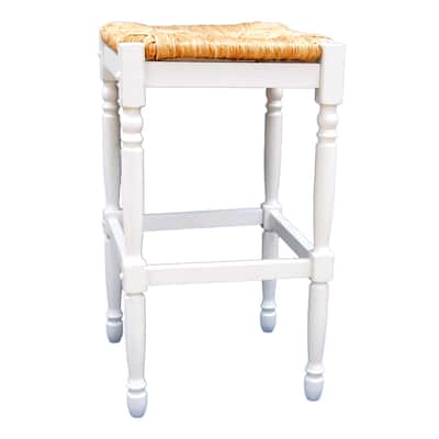 29.75" White and Beige Backless Bar Stool with Hand Woven Rush Seat