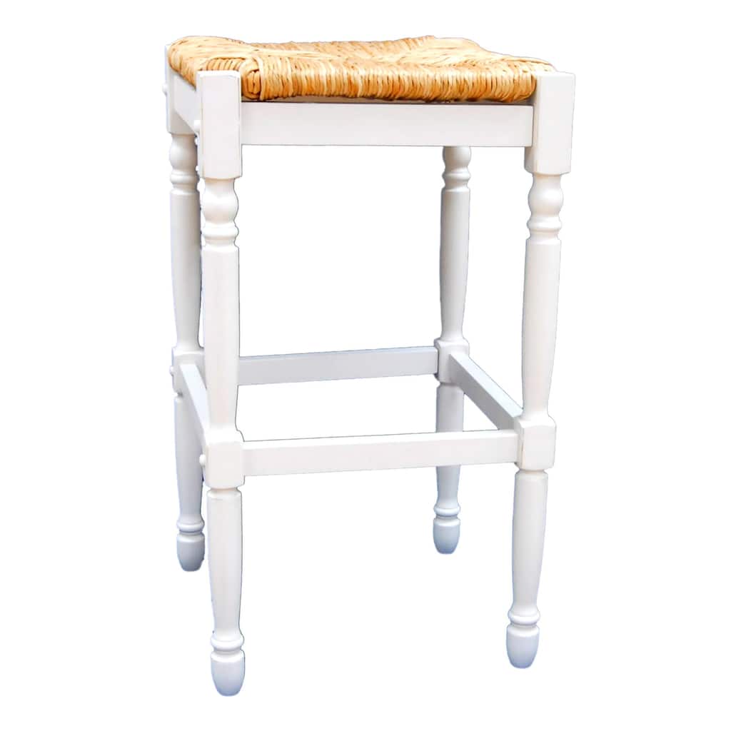 29.75" White and Beige Backless Bar Stool with Hand Woven Rush Seat