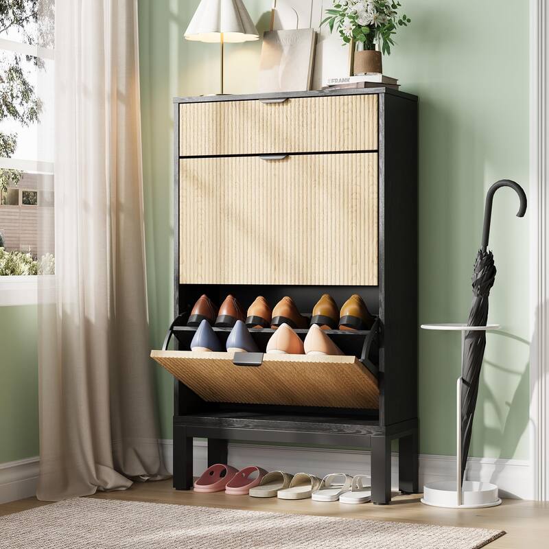 2-Drawer Slim Shoe Storage Cabinet with Flip Doors