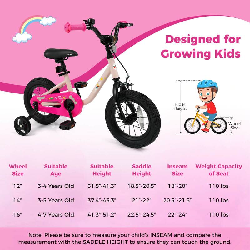 Costway 12-Inch Kids Bicycle with Adjustable Seat Front Handbrake & - See Details
