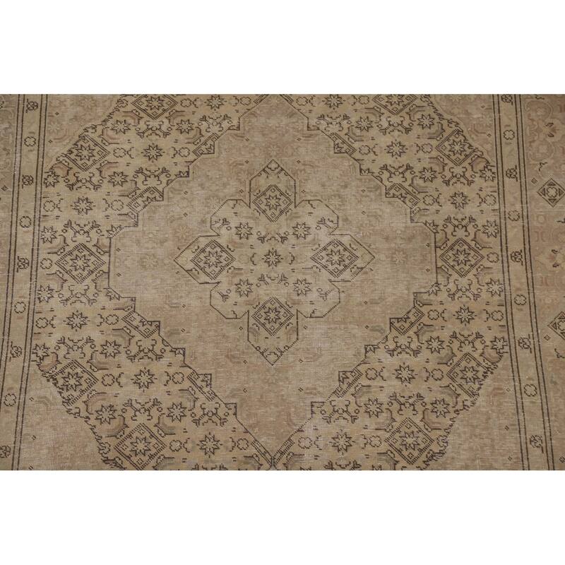 Distressed Tabriz Persian Vintage Rug Handmade Beige Wool Carpet - 6'5" x 9'5"