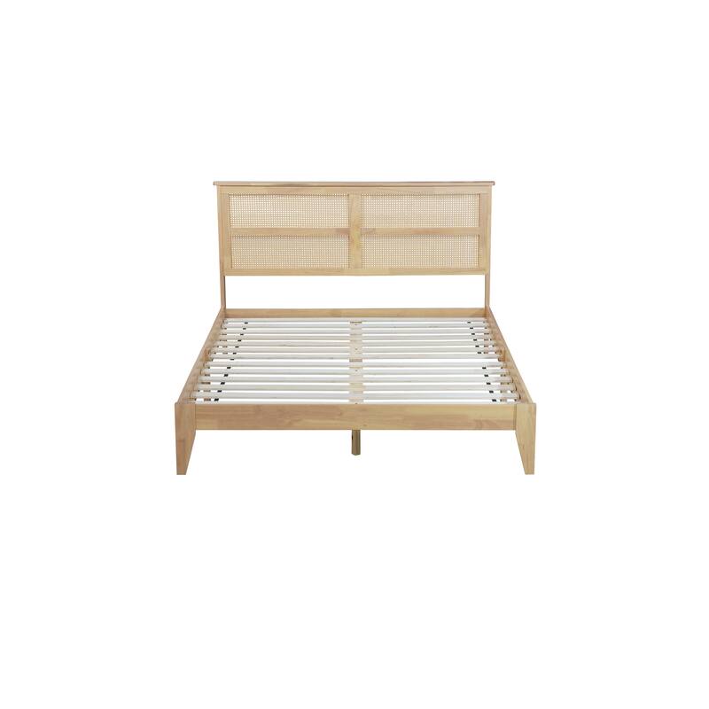 Queen Size Solid Wood Bed with Rattan Headboard, Oak White, Enhanced Support Feet