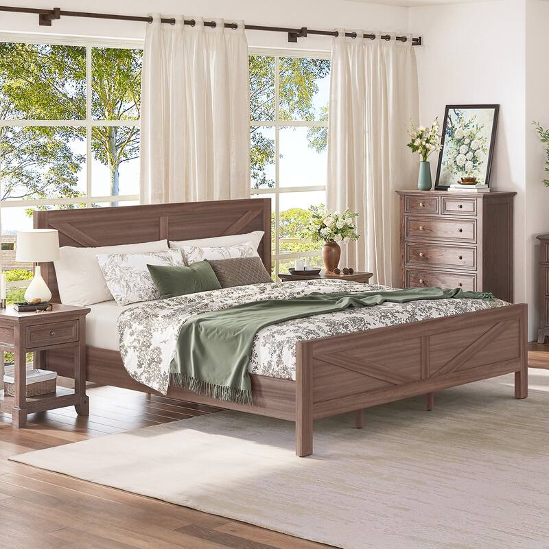 Modern Bedroom Furniture King/Queen Size Solid Wood Platform Bed,Platform Bed Frame With Wooden Headboard,No Box Spring Needed - King - Brown/King
