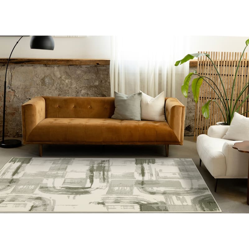 Cream Green Distressed Abstract High Traffic Area Rug