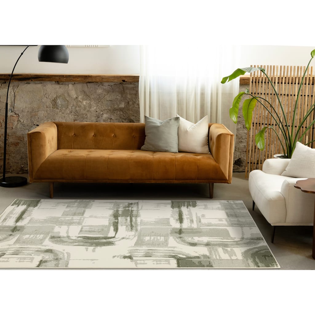 Cream Green Distressed Abstract High Traffic Area Rug