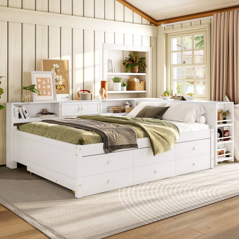 Full/Twin Daybed with Trundle & Storage Drawers - Wood Frame with Side Shelves and Desk
