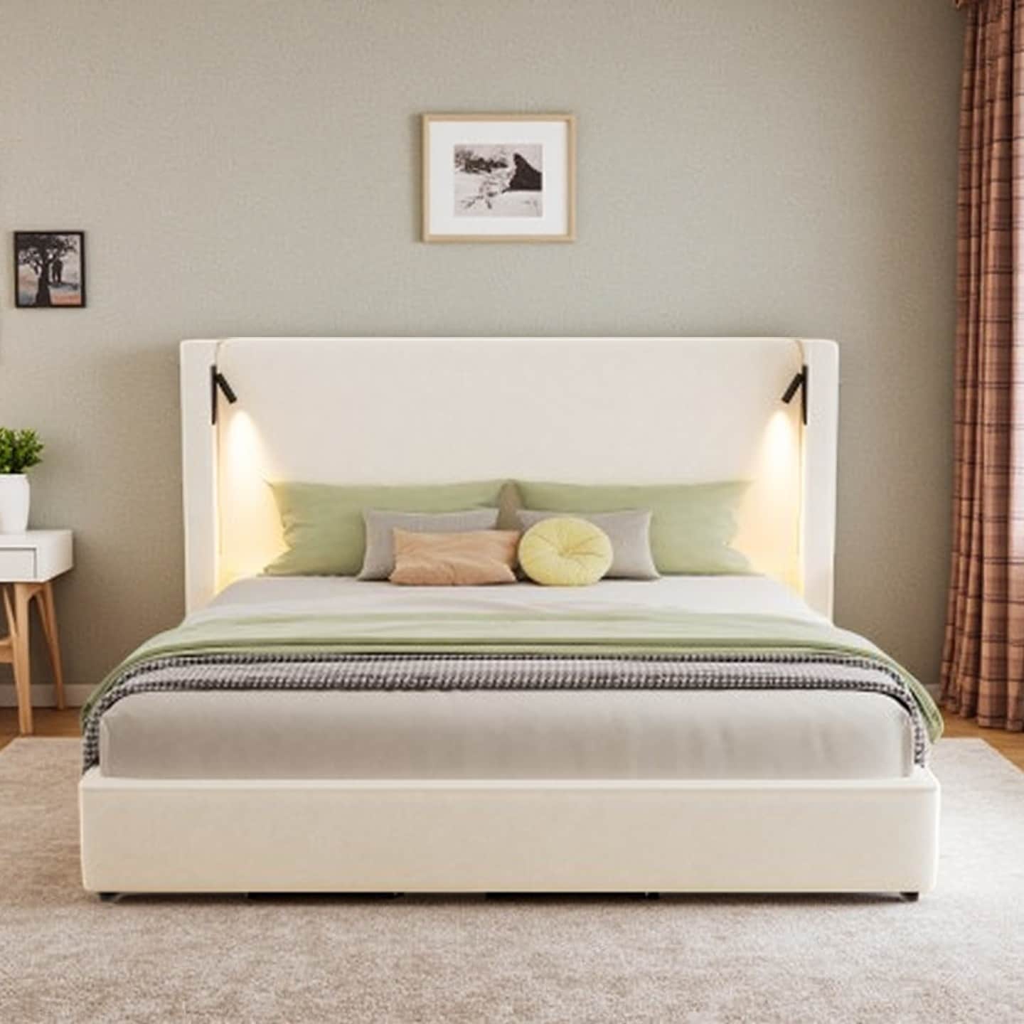 King Size Upholstered Wingback Bed with USB Charging & Adjustable Reading Lamp, Soft Foam Headboard