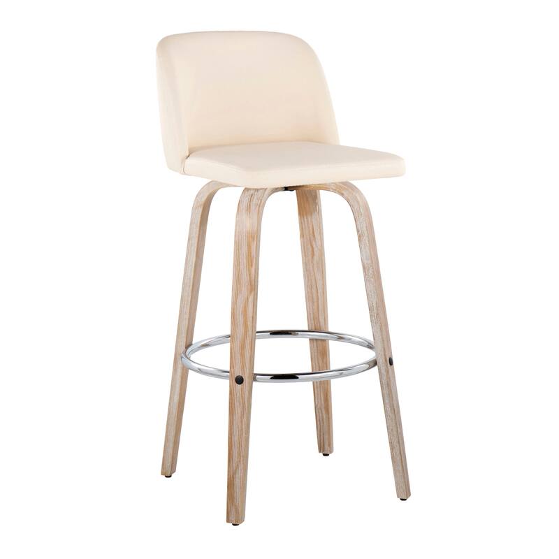 The Gray Barn Vallberga 30" Fixed-Height Bar Stool with White Washed Wood Base (Set of 2) - Cream Faux Leather/Round Chrome Footrest