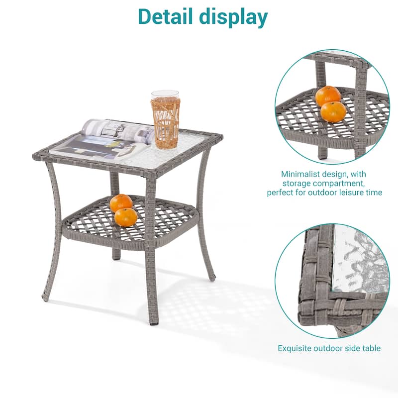BONOSUKI Outdoor PE Rattan Side Table, Water-Corrugated Glass Tabletop