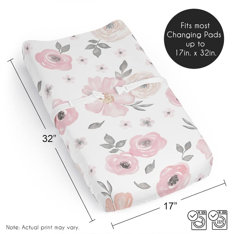 Sweet Jojo Designs Blush Pink Grey Boho Floral Girl Changing Pad Cover Sheet Bohemian Farmhouse Shabby Chic Rose Watercolor Rose