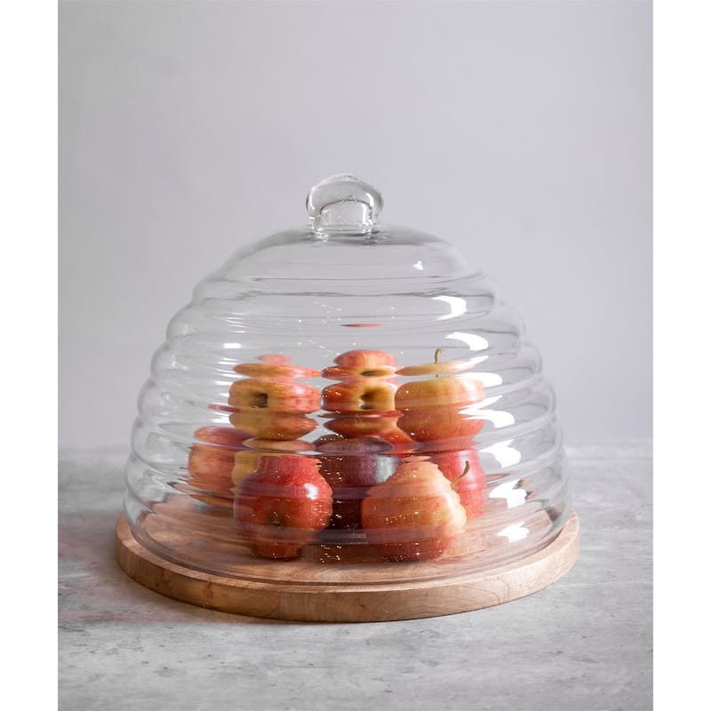 Mango Wood & Glass Rnd. Hive Food Dome/Plate
