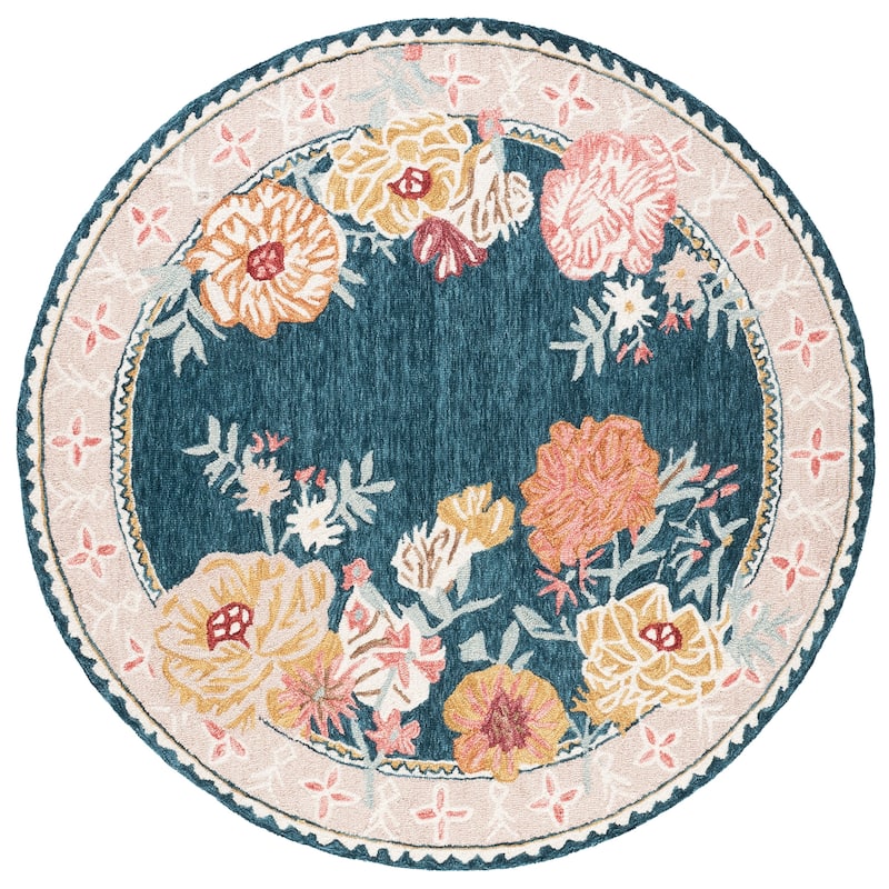 SAFAVIEH Handmade Jardin Pamina Floral Wool Rug - 6' Round - Dark Green/Pink