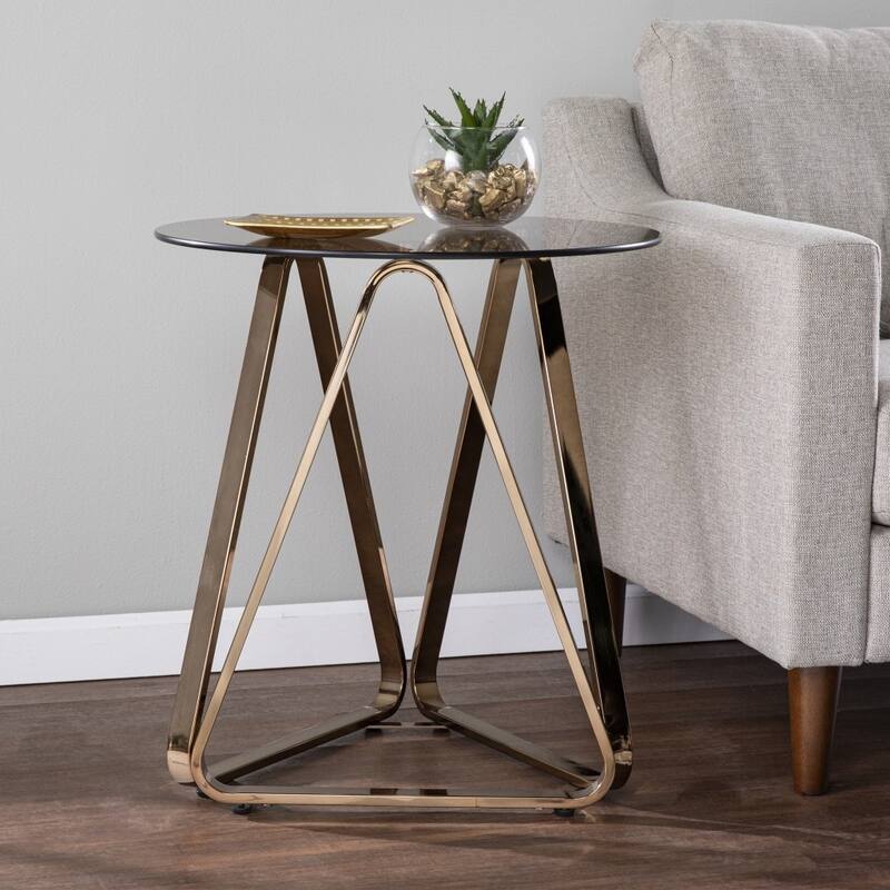 24" Champagne Glass And Iron Round End Table - 22x22x24.25