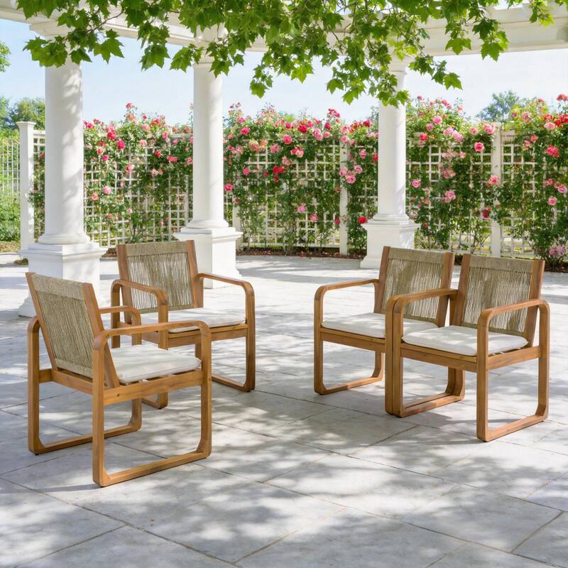 Christopher Knight Home - Outdoor Acacia Wood Dining Chairs Set with Rope Back and Water-Resistant Cushion