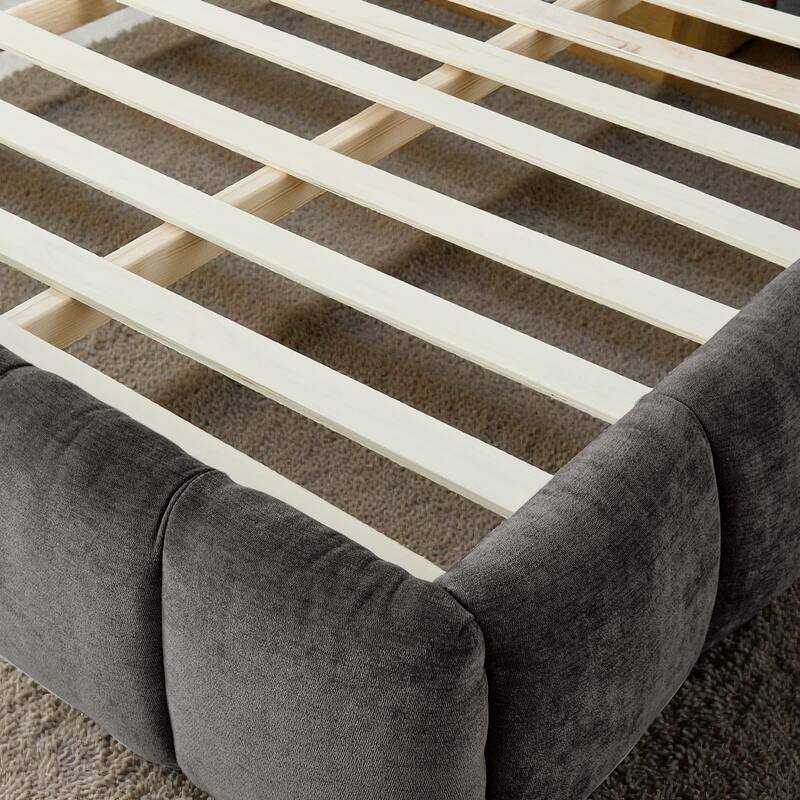 King Upholstered Platform Bed Frame with Thick Chenille Fabric, Grounded Modern Bed with Headboard, No Box Spring Needed