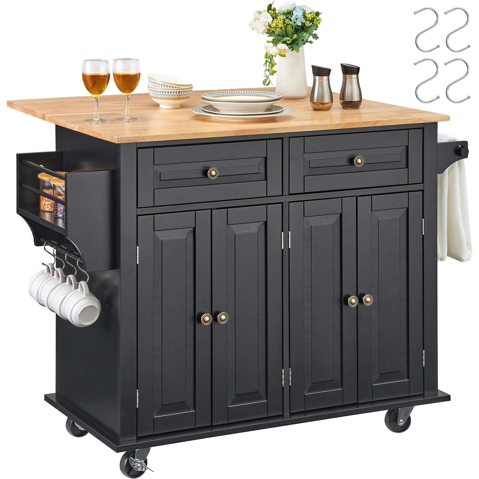 Kitchen Island Cart Rolling Storage Cabinet on Wheel with Drop Leaf, Drawer & Shelves